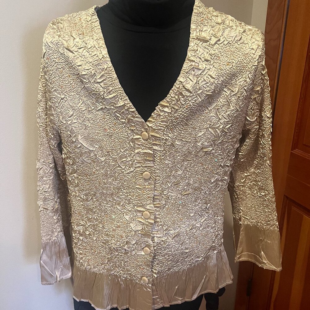 Gold Crinkle Satin Embellished Peplum Jacket